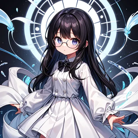 1 girl,long hair,white clothes,Expressionless,Scientific experiments,smaller breasts,Normal height,black hair,round glasses,chemistry background