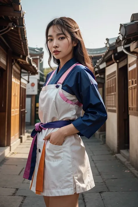 A Korean woman dressed as a bovine calf, celebrating the fusion between contemporary times and cultural heritage. The woman has a playful and vibrant expression on her face, with beautifully detailed eyes and lips. She is wearing a colorful traditional Han...