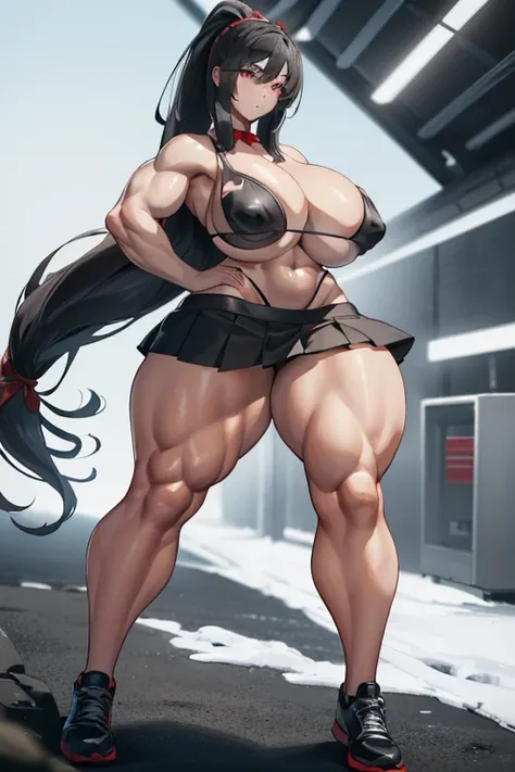 Best quality,8K,ultra high res:1.5),(Pretty very very long ponytail hair tied with red ribbon girl),(Huge very slender breasts:1.20),(very voluptuous body),(very voluptuous thigh),(body builder girl:1.5),(wide muscle:1.8),(light smile),(eyes to camera),(li...