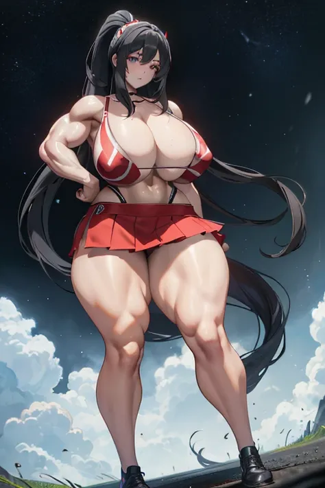 Best quality,8K,ultra high res:1.5),(Pretty very very long ponytail hair tied with red ribbon girl),(Huge very slender breasts:1.20),(very voluptuous body),(very voluptuous thigh),(body builder girl:1.5),(wide muscle:1.8),(light smile),(eyes to camera),(li...