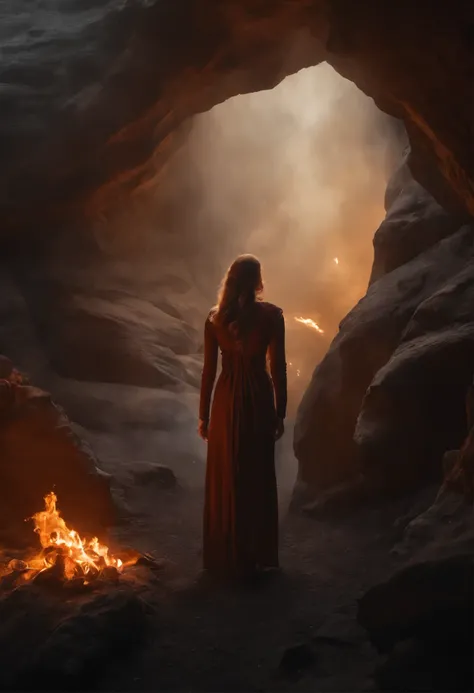 cave, fire, a man engulfed in fire reaches out to a girl, there is a dragon behind