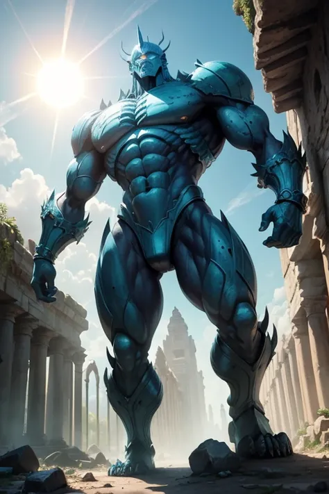 monster　golem　angular body　Body made of light blue metal　ancient ruins　The sun is shining