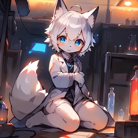 Masterpiece, high quality portrait, 16k, Furry,solo person，(blue eyes, white hair，White arms，White legs:1.2),White pupils,Lab Coat，Fox, cub, bit girl,skin_Fang, Double reference, warm lights, kneeling sitting,lab, Full shot,author：Sumi Kuroi, Yupa,Kiyosan