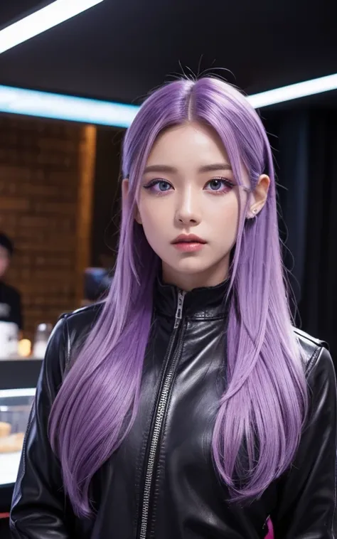 futuristic girl, dark skin, purple colored eyes, space, purple hair, blue hair, pink hair, long hair, dark skin, futuristic coffee shop