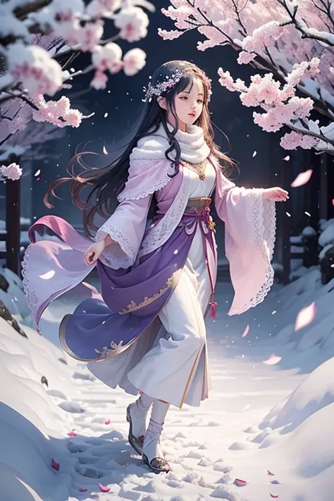 In Merlin，Falling petals and snow are the background，bright lights，Plum blossoms are in full bloom，Many plum blossoms，Heavy snow，snowflakes falling，