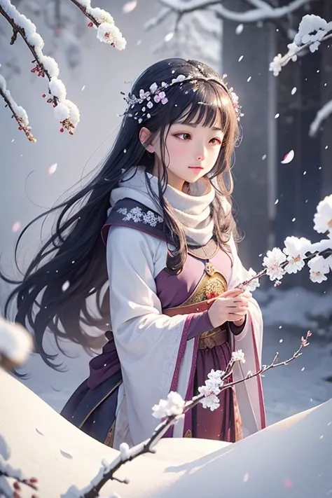 In Merlin，Falling petals and snow are the background，bright lights，Plum blossoms are in full bloom，Many plum blossoms，Heavy snow，snowflakes falling，