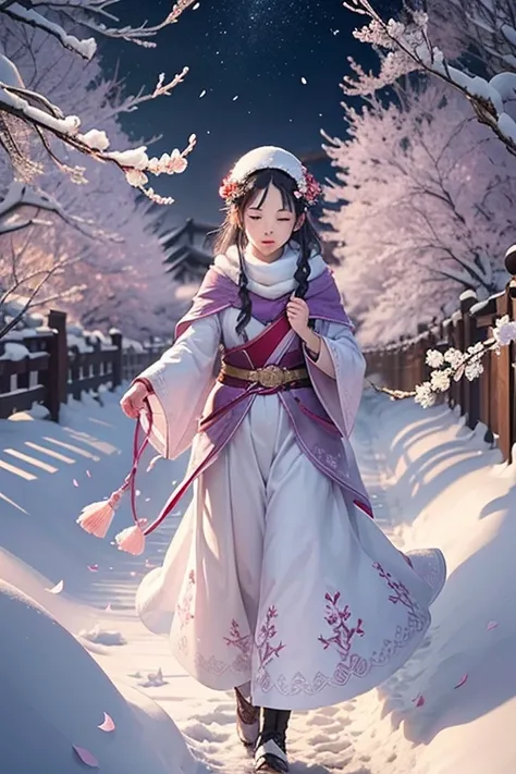 In Merlin，Falling petals and snow are the background，bright lights，Plum blossoms are in full bloom，Many plum blossoms，Heavy snow，snowflakes falling，