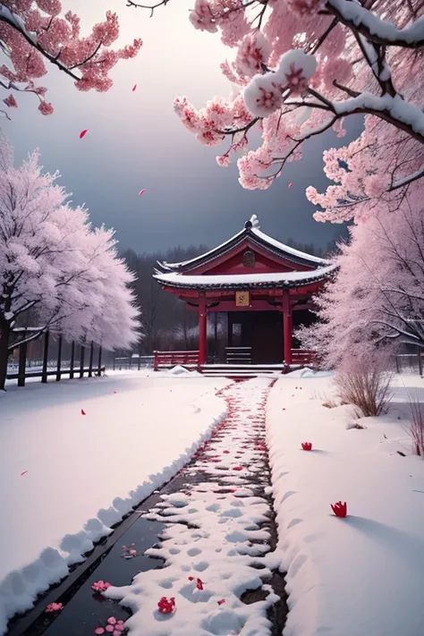 Red plum blossoms，Falling petals and snow are the background，bright lights，Plum blossoms are in full bloom，Many plum blossoms，Heavy snow，snowflakes falling，Chinese red background