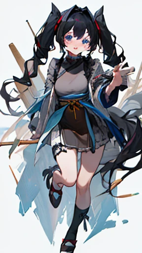 (best quality,8k,32k,masterpiece:1.2),girl, twin tails, full body, gothic, black hair, blue eyes, bangs, long sidelocks, black hairband, Japanese city, looking around