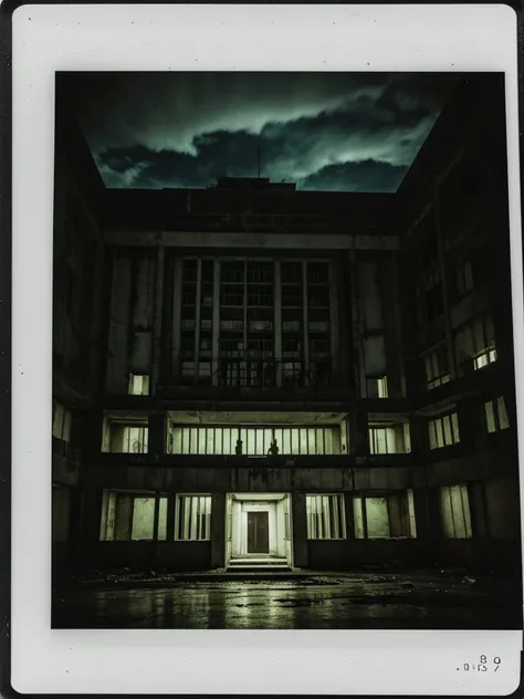 A Polaroid photo of a deserted haunted brutalism building at night. Iluminated by a flashlight only. A dark creature. host. Russia. Dark. Night. Dark clouds. 3 am. Chernobyl. Horror. Eerie. Strange. Fear.