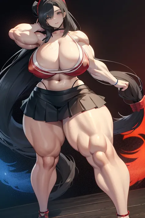 Best quality,8K,ultra high res:1.5),(Pretty very very long ponytail hair tied with red ribbon girl),(Huge breasts:1.0),(very voluptuous body),(very voluptuous thigh),(body builder girl:1.5),(wide muscle:1.8),(light smile),(eyes to camera),(light black hair...