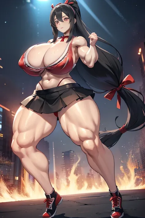 Best quality,8K,ultra high res:1.5),(Pretty very very long ponytail hair tied with red ribbon girl),(Huge breasts:1.0),(very voluptuous body),(very voluptuous thigh),(body builder girl:1.5),(wide muscle:1.8),(light smile),(eyes to camera),(light black hair...