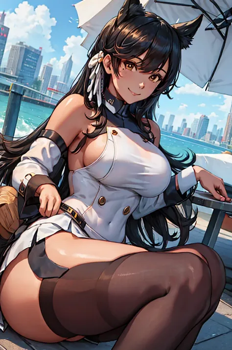 Atago, 1girl, solo, long hair, looking at viewer, fake animal ears, smile, breasts, city background, bare shoulders, closed mouth, portrait, skin tight outfit, casual, short skirt, leggings seductive, realistic, best quality, masterpiece, ultra detail, ult...