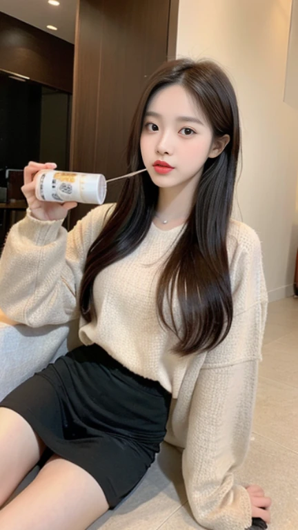 A beautiful korean girl sitting drinking pearl milk tea aged 20 years old two-dimensional image 16k resolution aperture framed original lens f1.4 C4D HDR uhd full body