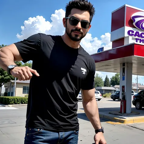 arafed man wearing sunglasses and a black shirt standing in front of a gas station, gas station, “gas station photography, very very low quality picture, shot on gopro9, taken on go pro hero8, at the taco bell drive through, taken in the early 2020s, low q...