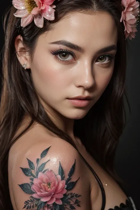 Beautiful girl, wet big eyes, very long eyelashes, cat-like narrow highly detailed arrows, expressive eyes, expressive and pupils, glare and sparkle in the eyes, filigree symmetrical floral patterns-tattoos on the face, transformation, macro photography, h...