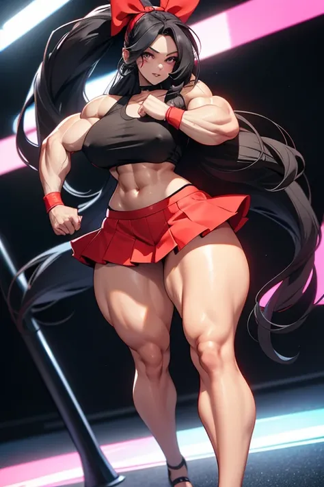 Best quality,8K,ultra high res:1.5),(Pretty very very long ponytail hair tied with red ribbon girl),(Huge very slender breasts:1.20),(very voluptuous body),(very voluptuous thigh),(body builder girl:1.5),(wide muscle:1.8),(light smile),(eyes to camera),(li...