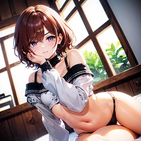 ultradetail(eye:1.7),highest quality、office、small breasts、Proportioned proportions、shy face、off shoulder、seductive pose、show panties、doggypose