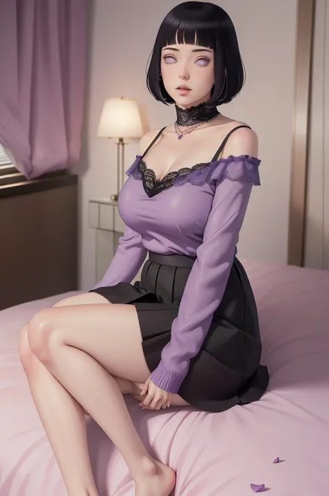 (masterpiece) (huge titusty, masterpiece, absurdres, hinata(boruto), 1girl, solo,mature female, off-shoulder bra, high waist short skirt, looking at viewelling petals), perfect composition, detailed lips, big breast, beautiful face, body propotion, blush, ...