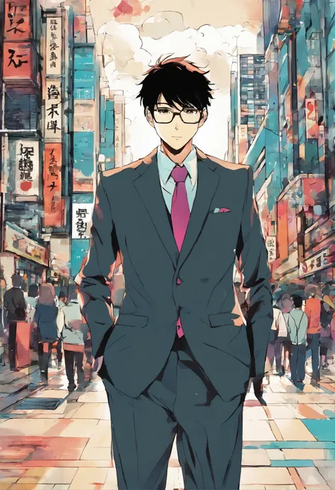 1boy, maou sadao, glasses, suit, walking on the sidewalk