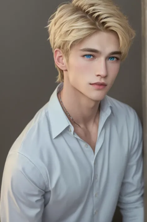 a handsome man，adult，blond，blue eyes，clavicle，school uniform，Clever，(masterpiece)，(highest quality)，