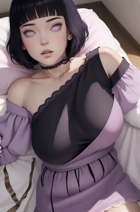 (masterpiece) (huge titusty, masterpiece, absurdres, hinata(boruto), 1girl, solo,mature female, off-shoulder bra, high waist short skirt, looking at viewelling petals), perfect composition, detailed lips, big breast, beautiful face, body propotion, blush, ...