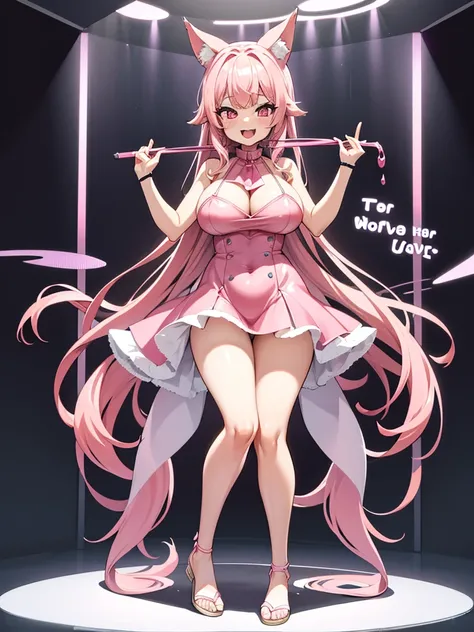 Happy woman, with wolf ears and pink hair, holding her cheeks, wolf tail, wearing a latex dress, looking at veiwer, full body, you can see her chest, naked breasts