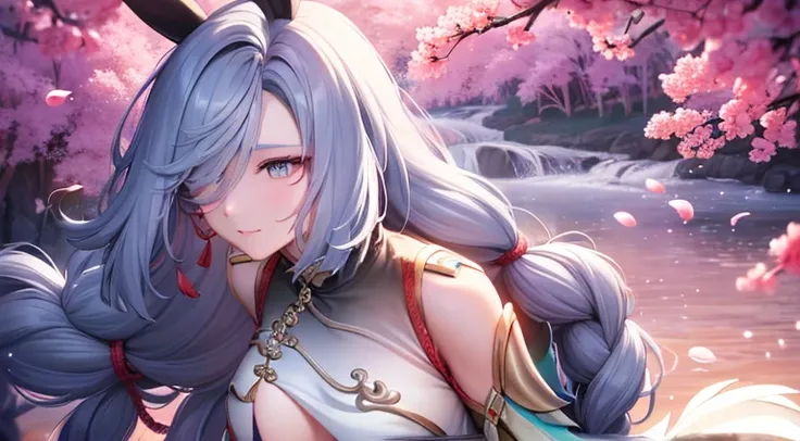 (best quality,4k,8k,highres,masterpiece:1.2),ultra-detailed,(realistic,photorealistic,photo-realistic:1.37), Shenhe with her Bunnysuit, vibrant, dynamic, illustrative,anime,cute, action-packed, captivating, breathtaking scenery, cherry blossom trees, immer...