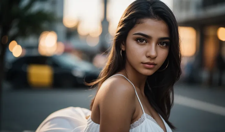 RAW photo, [[[[Closeup]]]], [[[One]]], 18 year old Brazilian woman, beautiful dress, white skin, light makeup, lip gloss, realistic skin texture, sharp focus, realistic cinematic photo, background black with low light
