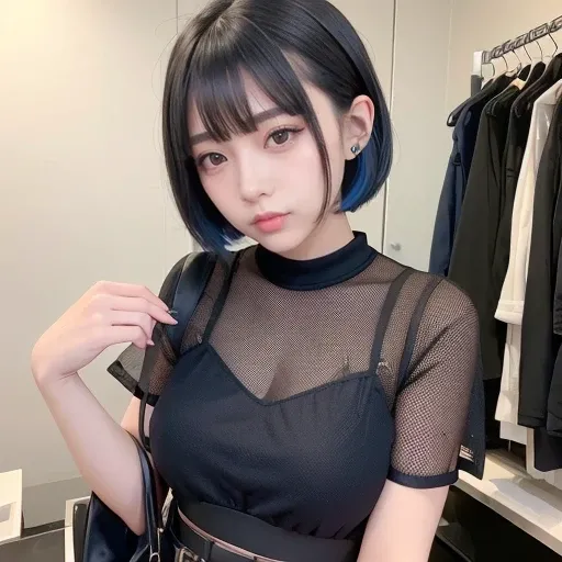 A girl who likes fashion and makeup。I love working hard at my part-time job and using it to make clothes and cosmetics.。The hairstyle is a black short bob with blue mesh.