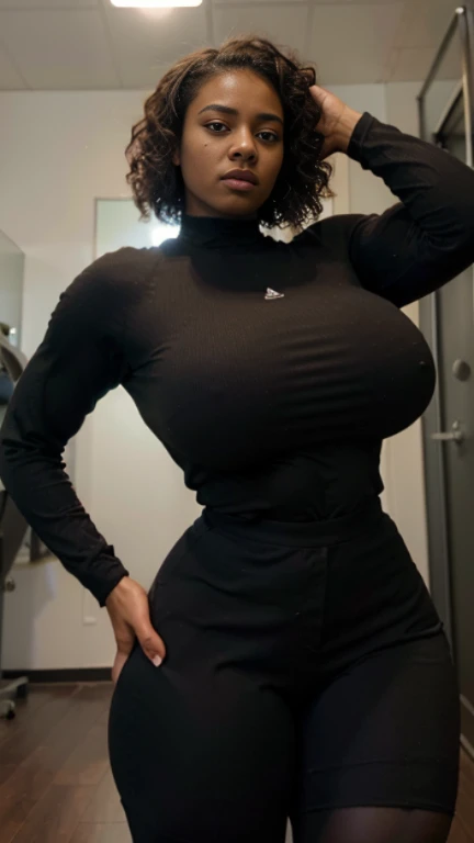 Jovem mulher com seios enorme, vestindo roupa esportiva, ((Sentada em um banco)), ((ebony skin)), corpo fitness, bela garota,  Slim body, cabelo grande, Mulher baixa, coxas grandes, asian face, curly hair size, corpo tonificado, dark girl, hard strong musc...