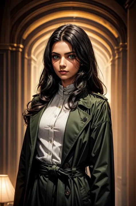 female wearing a black closed buttoned up black trench coat from the 1930s style, 5 foot 5 inches tall, slim body build, waist-length wavy brunette black hair, bright green eyes, 28 age, ethnicity india, ethnicity middle eastern.