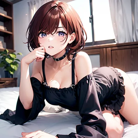 ultradetail(eye:1.7),highest quality、Highest image quality、on the bed、beautiful cleavage、disheveled clothing、slender、Humiliated face、doggypose、ultradetail、small breasts