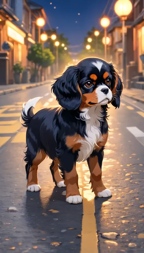 Cavalier King Charles Spaniel black tan puppy sitting in the middle of the road, Cavalier King Charles Spaniel Black Tan Puppy Photoshoot, Adorable and cute Cavalier King Charles Spaniel black tan puppy, Cute cavalier king charles spaniel black tan puppy p...