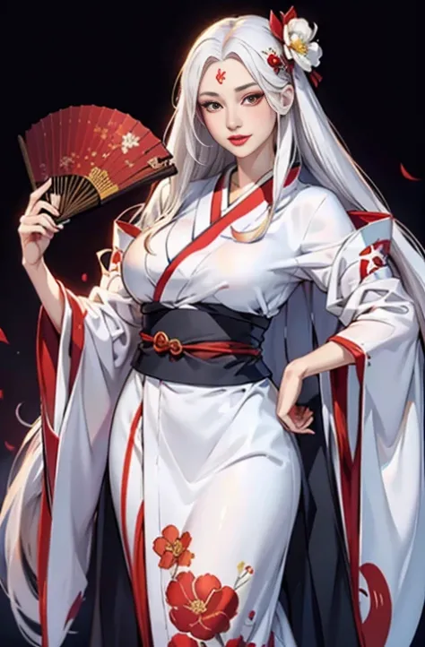 1girl, solo, japanese_clothes, long_hair, kimono, hand_fan, red_eyes, full_body, hair_ornament, makeup, transparent_background, very_long_hair, lipstick, hair_stick, holding, folding_fan, wide_sleeves, white_hair, flower, red_lips, sash, personification, s...