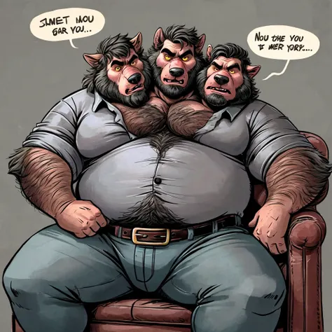 (solo), (three headed wolf), adult male, ((masculine, hairy, detailed eyes)), by dramamine:1.3, by Disney, obese, gray background, button down, jeans, belt, speech bubbles:1.5, correct hands, ultradetailed, natural pose, ((angry, arguing, bickering, frowni...