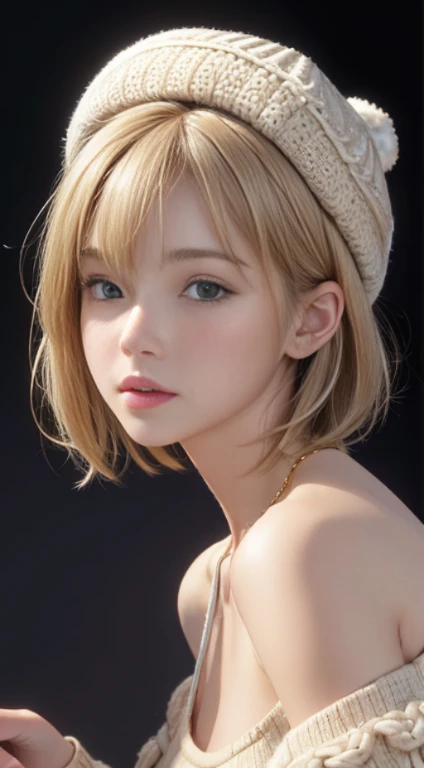 (Masseter muscle part:1.3)、(8K、Photoreal、Raw photo、highest quality: 1.4)、(1 girl)、beautiful face、(lifelike face)、(Light Beige Mixed Hair、short hair:1.3)、(Big breasts )、off shoulder sweater、It&#39;s sticking out 、appear、((Sexy))、beanie、Wearing a knitted cut...