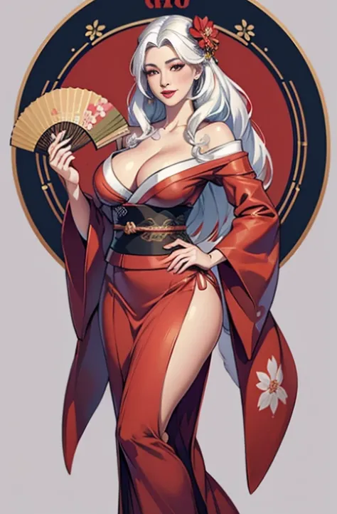 1girl, solo, japanese_clothes, long_hair, kimono, hand_fan, red_eyes, full_body, hair_ornament, makeup, downblouse, Very_low_claveage, showing_very_large_breasts, transparent_background, very_long_hair, lipstick, hair_stick, holding, folding_fan, wide_slee...