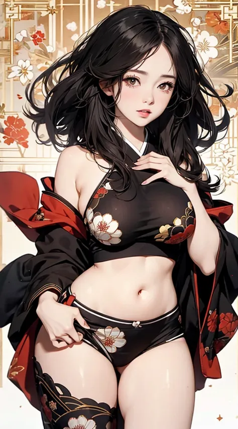 ((Extremely detailed CG unit 8k wallpaper, ​Masterpiece, high resolution, top quality, top qualityのリアルテクスチャスキン)), (a very beautiful woman, plump lips, big breasts，upper part of body, Posing like a model:1.5, Japanese style short outer box, Japanese pattern...