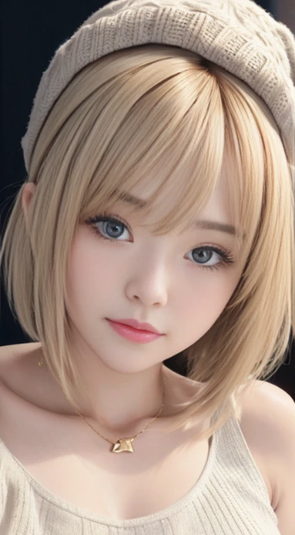 (Masseter muscle part:1.3)、(8K、Photoreal、RAW photo、highest quality: 1.4)、(1 girl)、beautiful face、(lifelike face)、(Light Beige Mixed Hair、short hair:1.3)、(big breasts )、off shoulder sweater、that&#39;sticking out 、appear、((sexy))、beanie、Wearing a knitted cut...