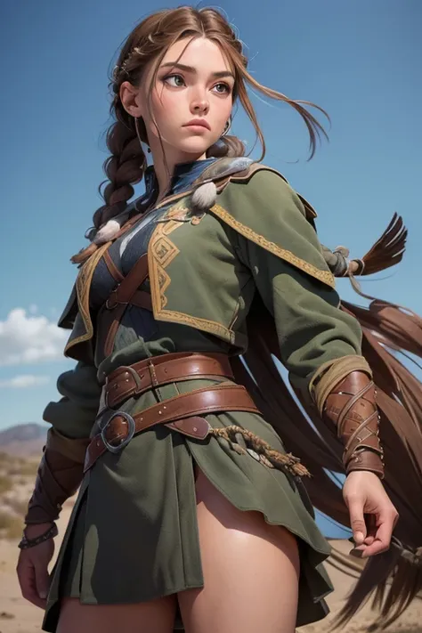 (Obra maestra, La mejor calidad) (young warrior woman of nordic descent), (ojos verdes), (Muscular), (falda de piel), (brown hair color),(loose hair with small braids on the scalp), (top con correa de cuero) plumas, capa sobre el hombro, bufas, (azul, gray...