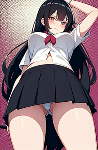 high school girl, big, long black hair untied, long black hair, twisted eyes, long eyelashes, good style and cute big, I rolled up my white underwear and skirt., Sexy pose showing underwear shorts, big, thighs, anime style, beautiful anime , 超現実的なhigh scho...