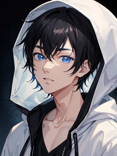 anime boy with black hair and blue eyes wearing a white cat hoodie, tall anime guy with blue eyes, anime boy, anime youth, anime...