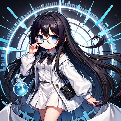 1 girl,long hair,chemist,white clothes,Expressionless,smaller breasts,Normal height,black hair,round glasses,Department of Chemistry