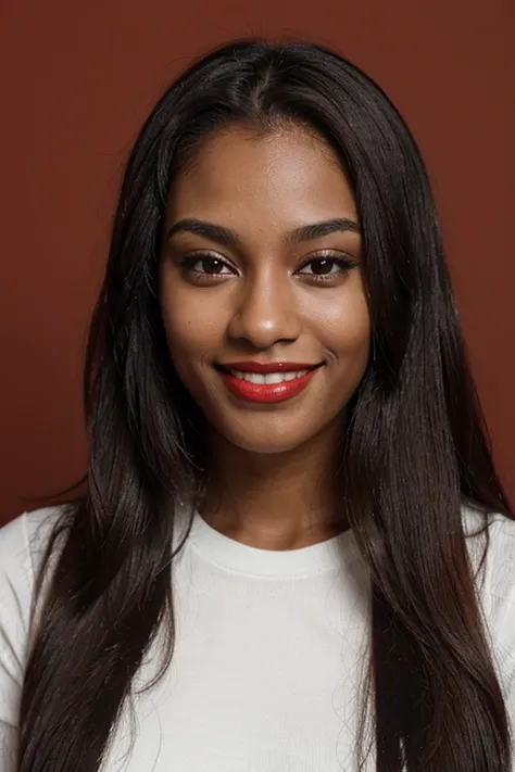 Brazilian, 25 years old, straight hair, dark skin, smiling with red lipstick