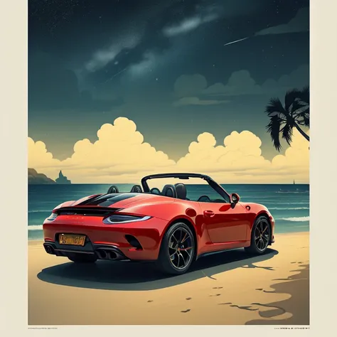 ((an illustration、flat design、print、ukiyo-e)), (red convertible porsche961),isometric, bright color vector, (seaside city, palm ...