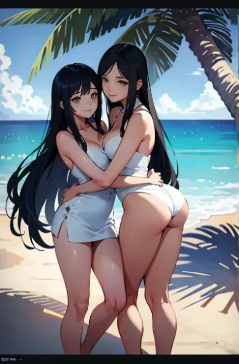 ((Realistic: 1.5, best quality masterpiece)), One beautiful girl, hugging and touching each others upper bodies, teasing her friends waist with playful smiles, friend gasping in delight. ((Details: 1.2)), Friends smug face, long, curvy legs showcased in ba...