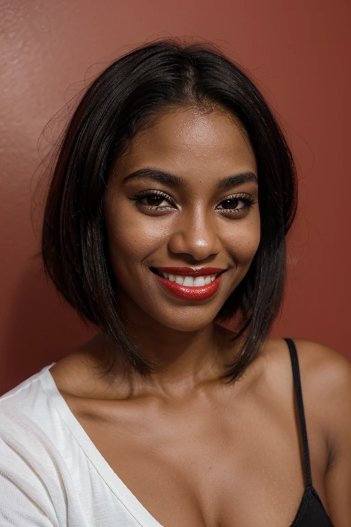 Brazilian, 25 years old, short straight hair, dark skin, smiling with red lipstick
