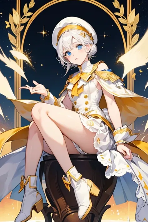 She has pale cream SKIN, light blue eyes, and white hair tied at its end in a gold band. She wears a golden brown beret with white speckles on it, which resembles a cream puff with powdered sugar. Her dress is mainly light yellow-orange with white trim. Ar...