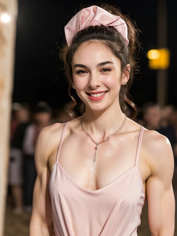 Gal, ripped muscle, muscular body, pale skin, smile(blush), tight chemise, thin necklace, [ultra detailed skin:1.2], 8k uhd, full body, stand, sweat, cum on face, crowd, public, night, desert,